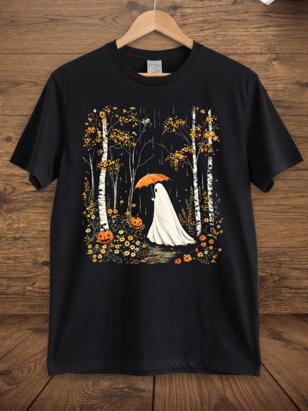 Ghost Autumn Forest Rain Umbrella Pumpkins Spooky Season Vintage Black T-Shirt